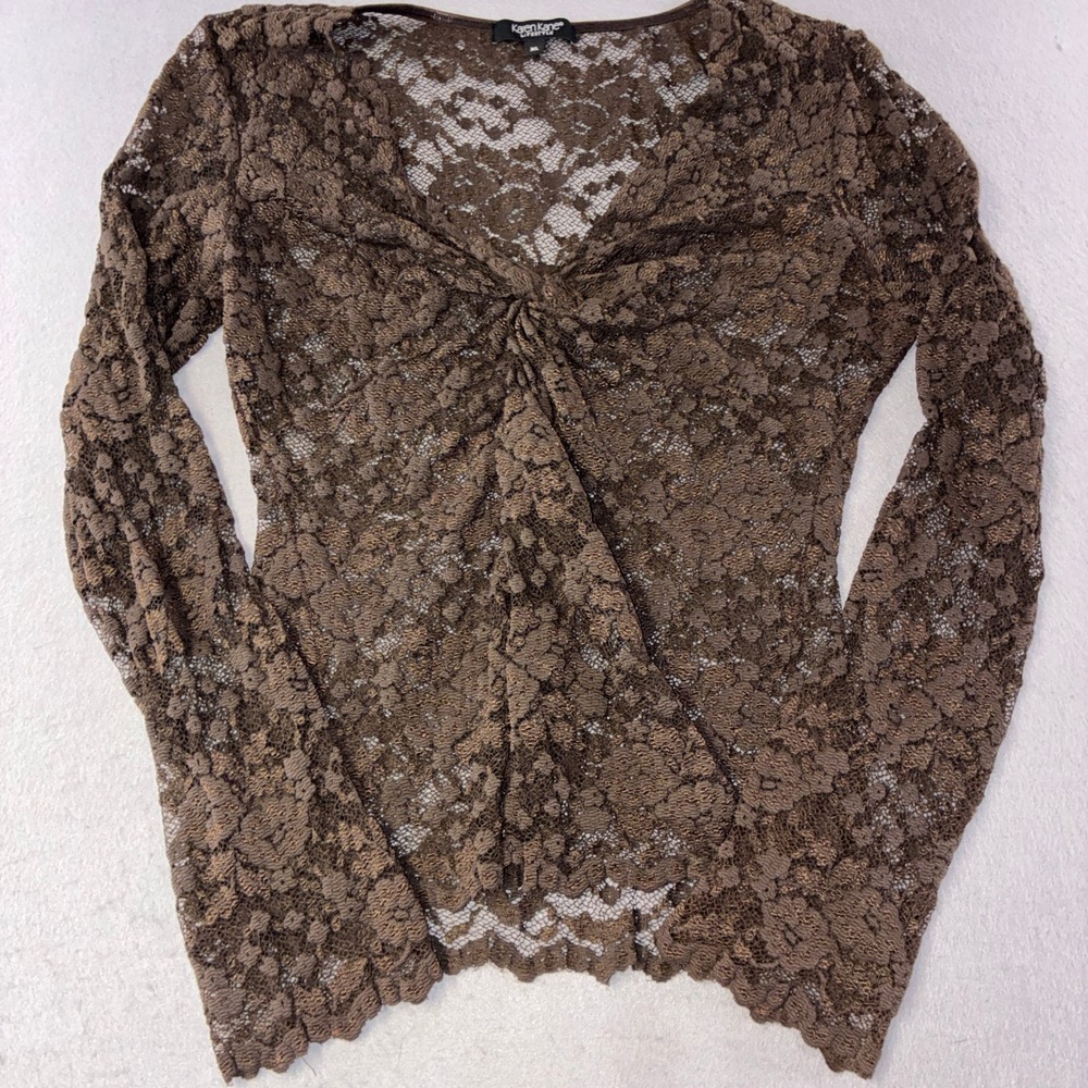 294 Karen Kane Lace Top XL Brown Twist Front V-Neck Long Sleeve Blouse
